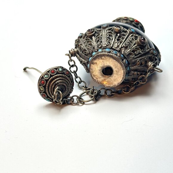 Antique Tibetan Horn Snuff Bottle with Semi-precious Stone Inlays — GUC - Picture 3 of 9